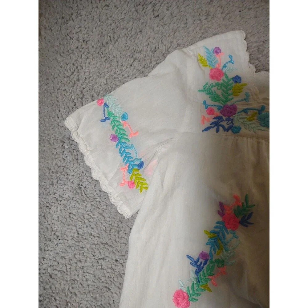Lilly Pulitzer White Cotton Embroidered Peasant Top - Neon Floral Accents